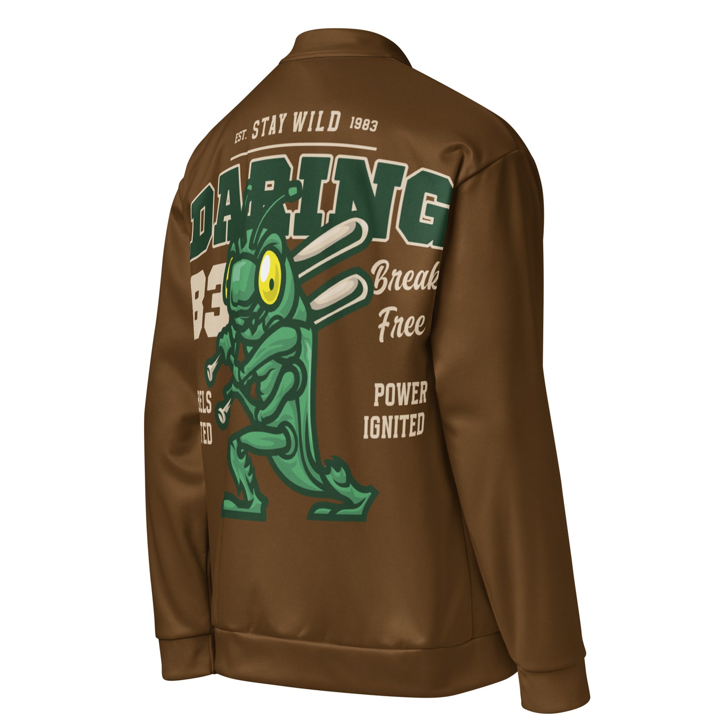Brown unisex bomber jacket with a green grasshopper graphic and text.