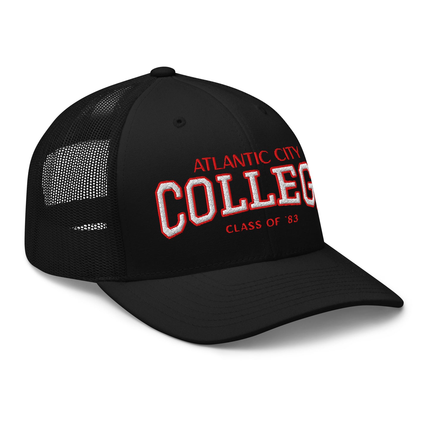 Black Atlantic City College trucker cap with red and white embroidery.