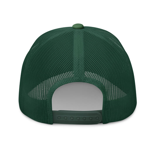 A dark green trucker cap with a mesh back and adjustable strap.
