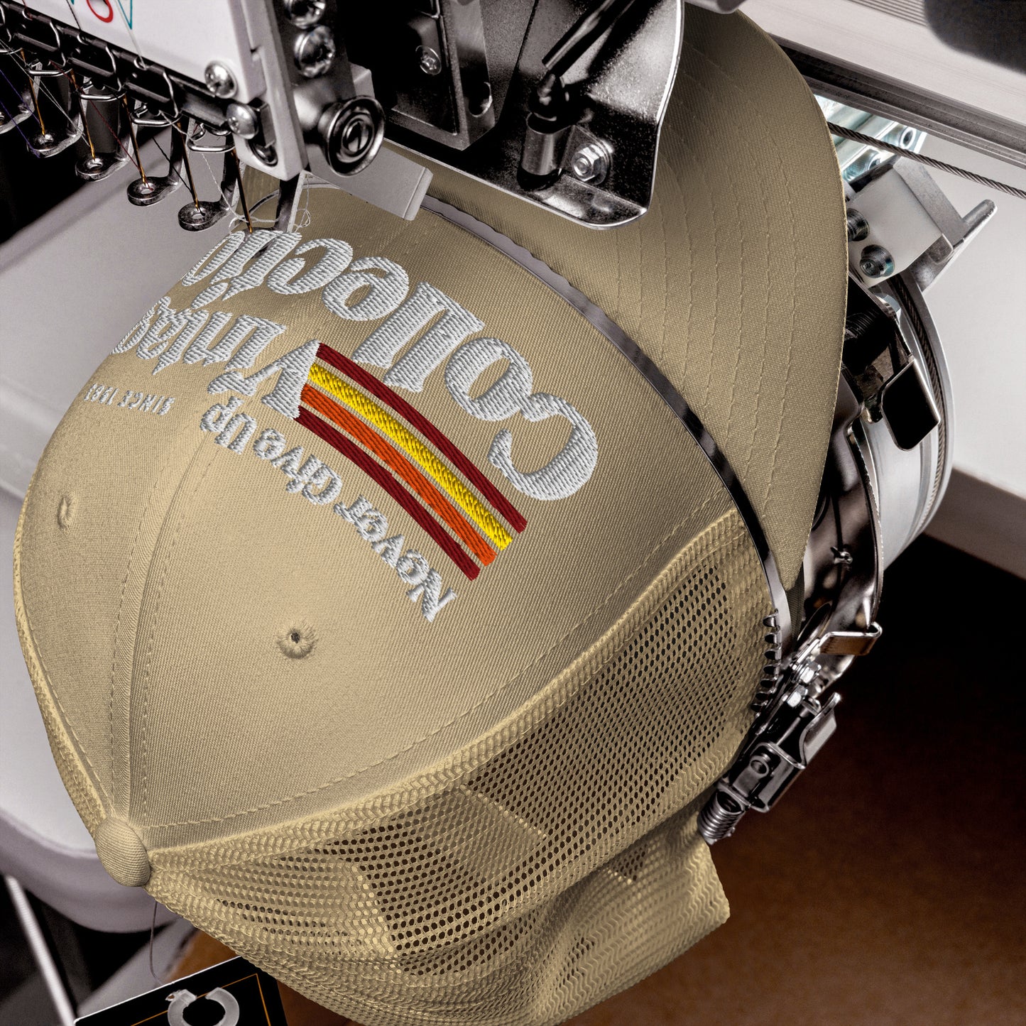 Retro Collection Trucker Cap with embroidered text and stripes.