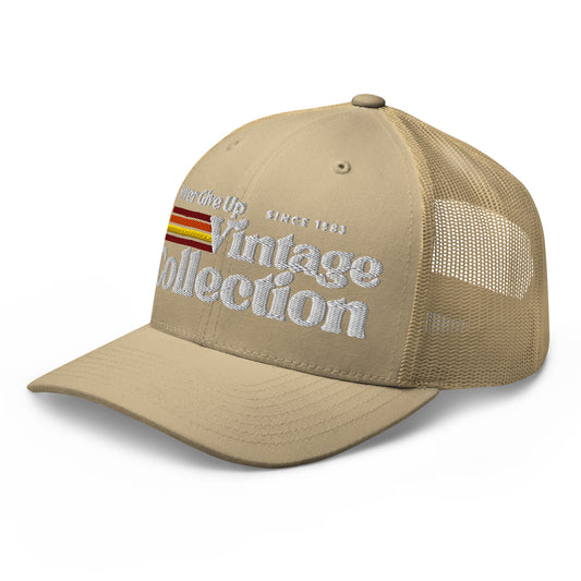 Retro Collection Trucker Cap with embroidered text and stripes.