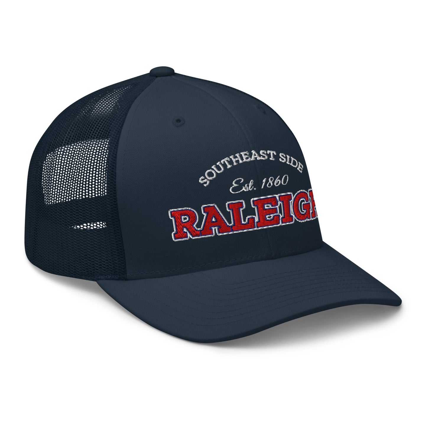 Navy blue trucker cap with "Southeast Side Est. 1860 Raleigh" embroidered on the front.