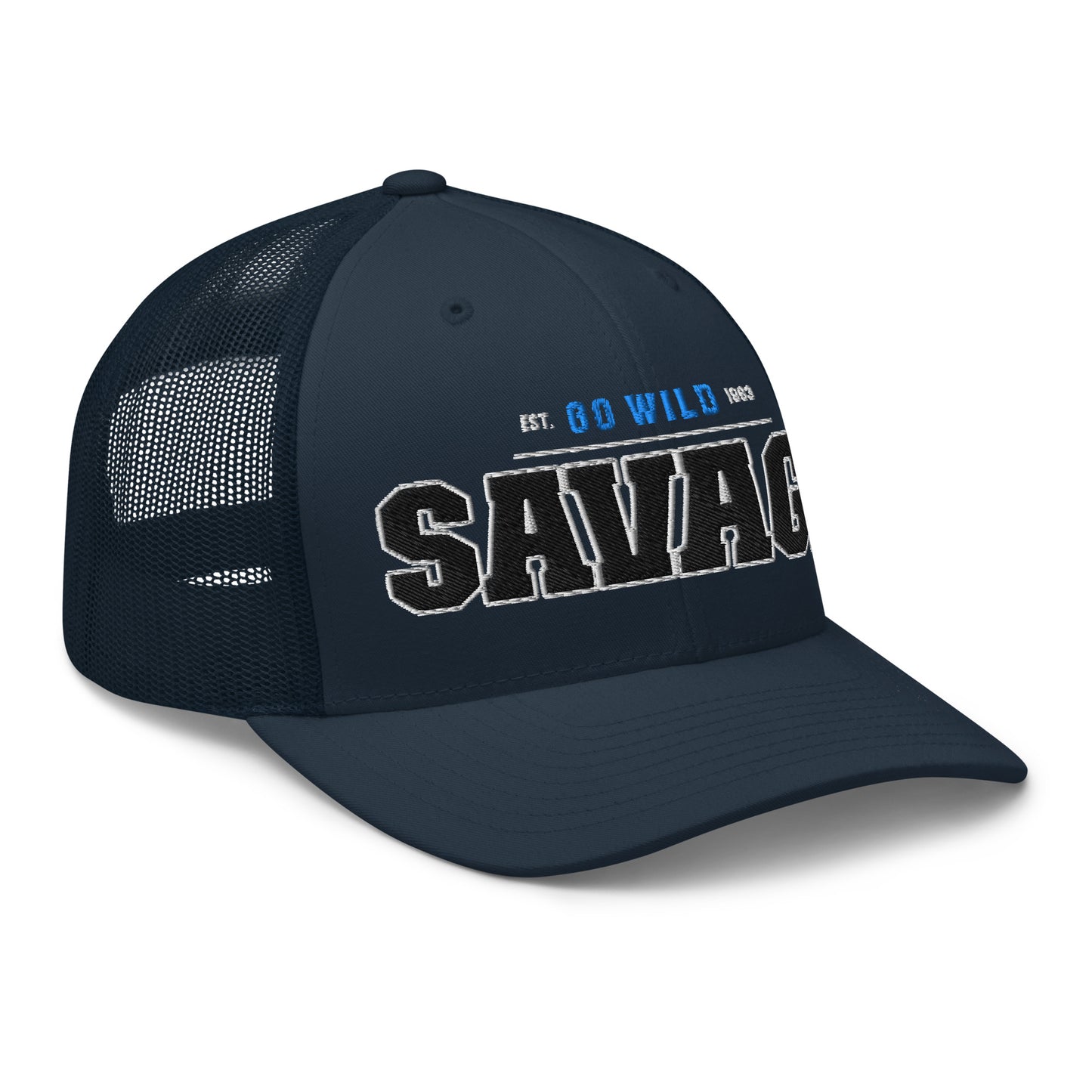 Navy blue trucker cap with "SAVAGE" embroidered on the front.