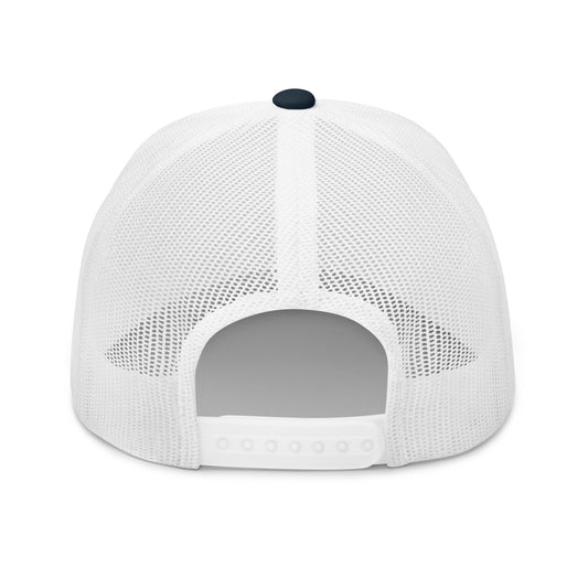 A white mesh trucker cap with a dark blue button on top.