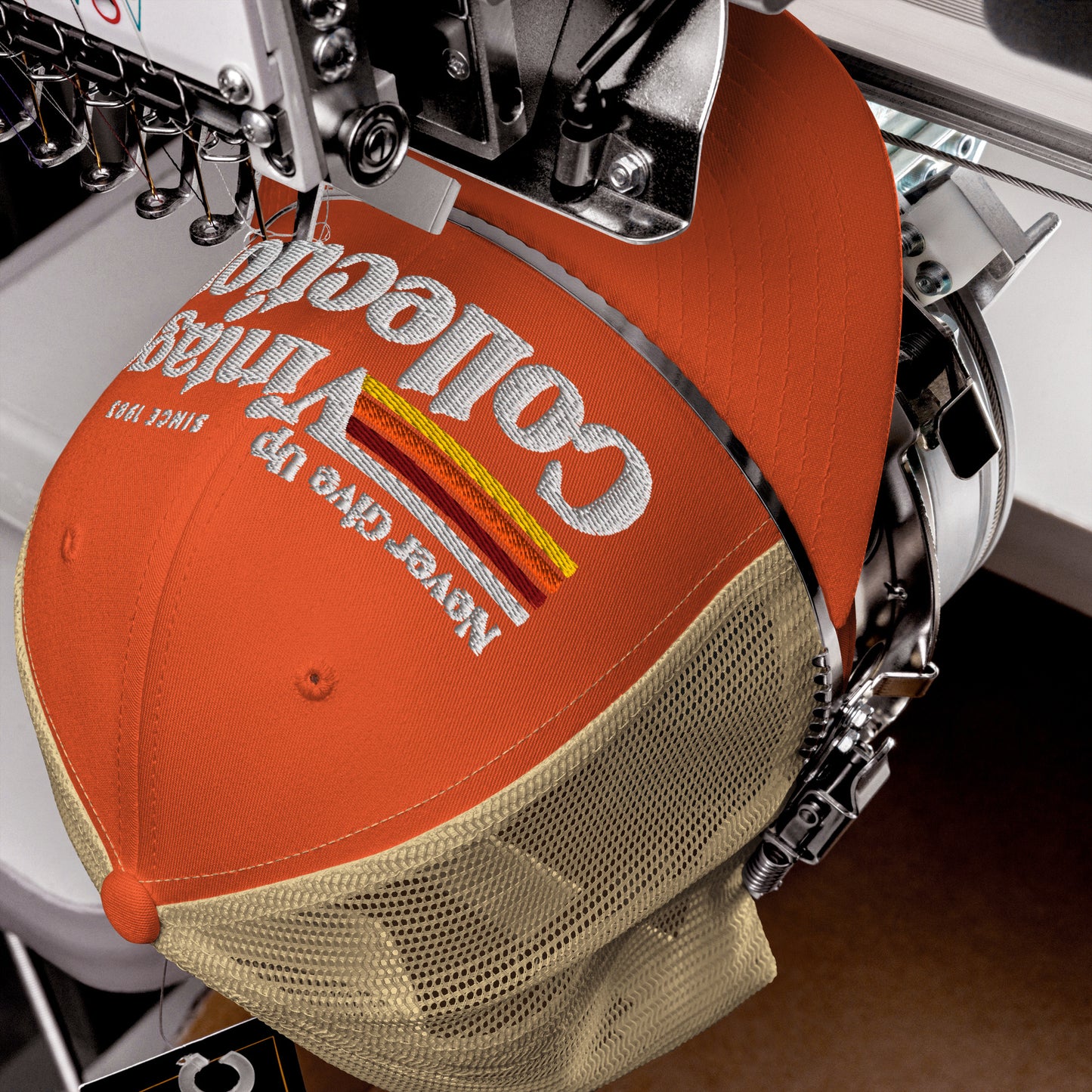 Retro Collection trucker cap with embroidered text and stripes.