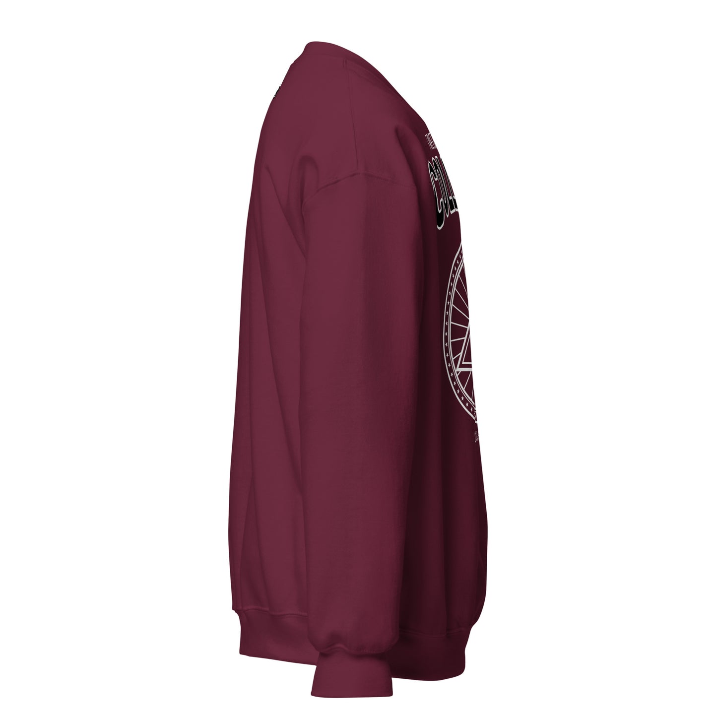 Maroon crewneck sweatshirt with a vintage collegiate graphic.
