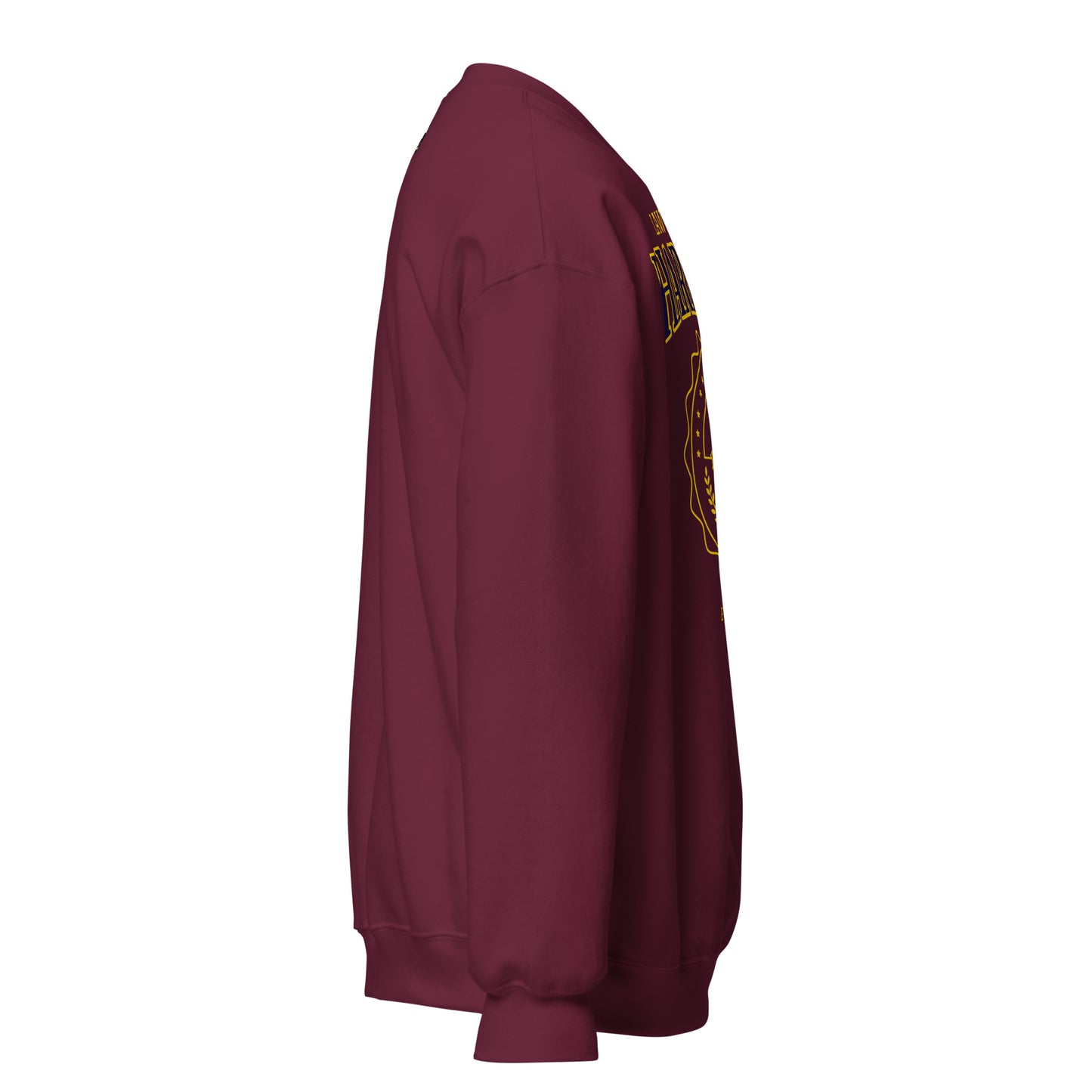 Maroon sweatshirt with a vintage collegiate crest design.