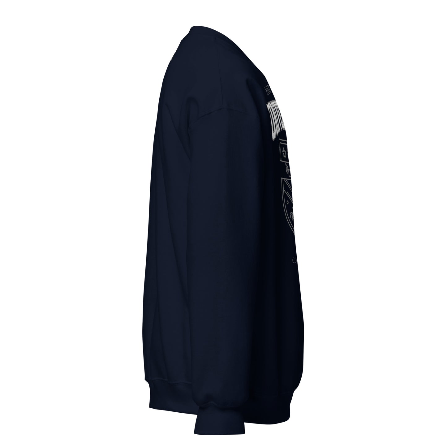Navy blue sweatshirt with a vintage collegiate crest graphic.