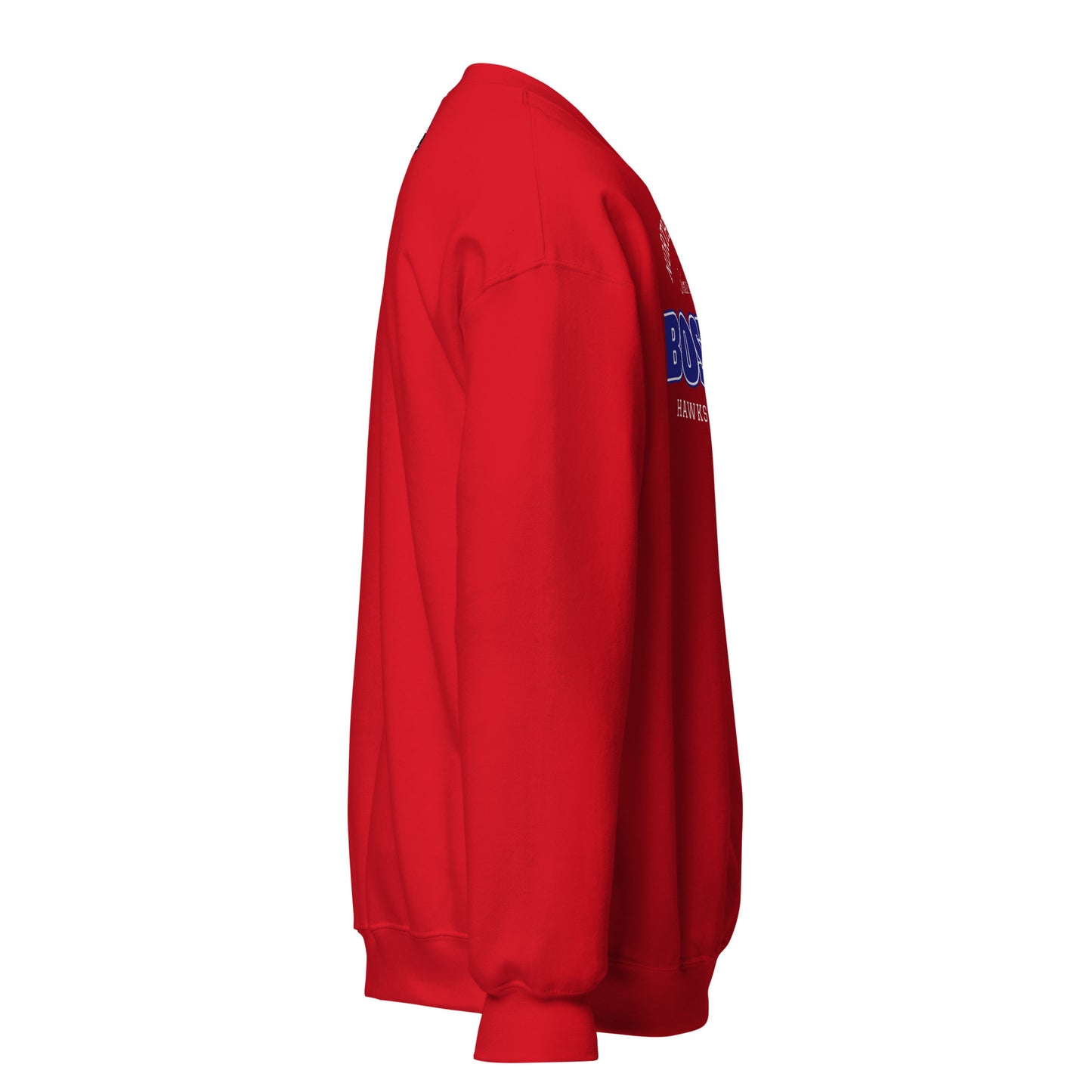 Red Boston Hawks Athletic Club sweatshirt with blue lettering.