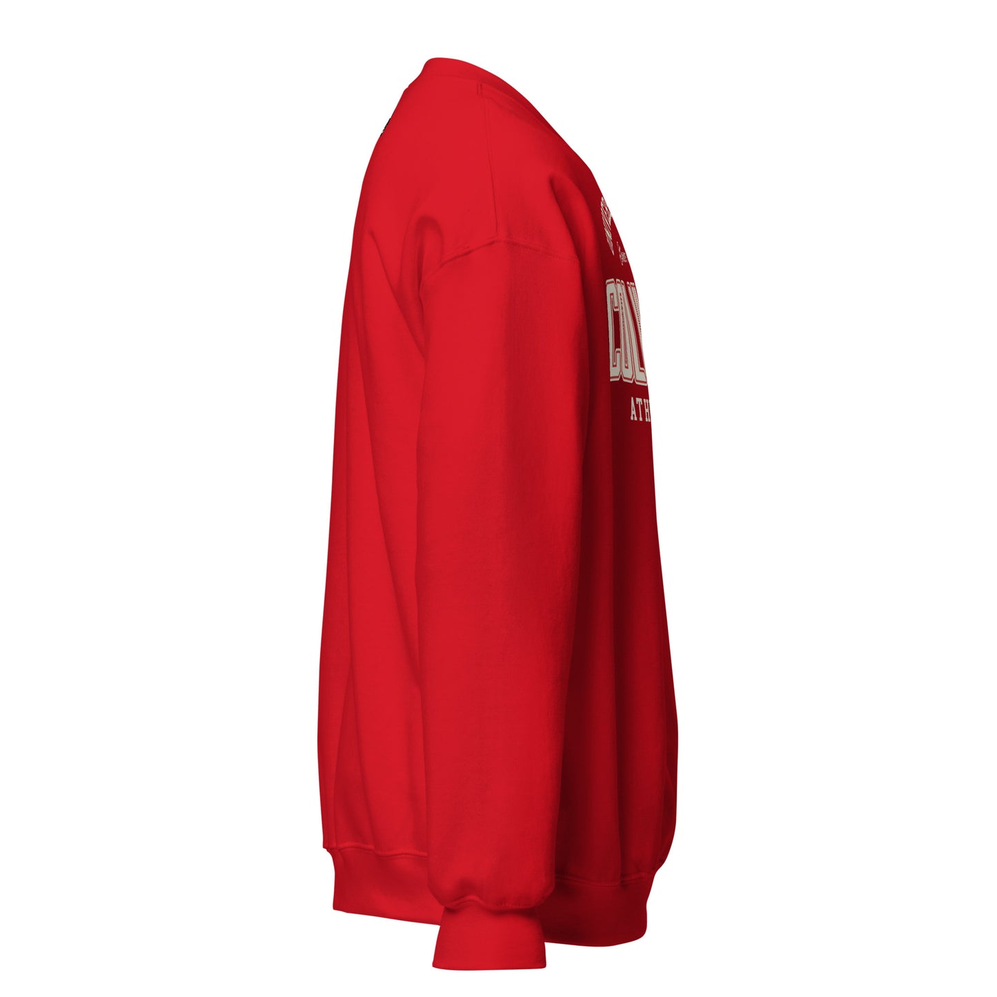 Red Columbus Athletic Club sweatshirt with white lettering.