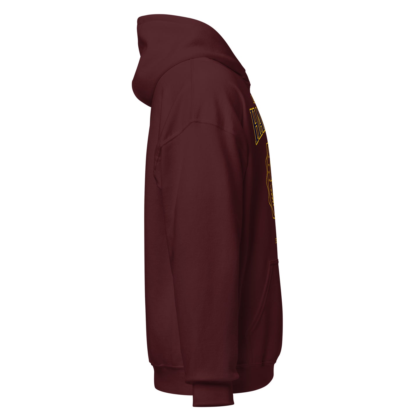Maroon Harbor Law School hoodie with vintage collegiate crest.