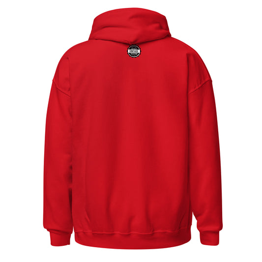 Red hoodie with a circular "Vintage Collection" logo on the back.