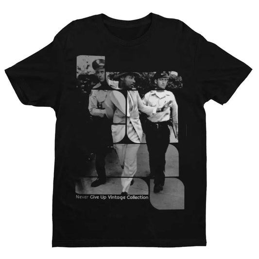 Black t-shirt with a vintage image of Martin Luther King Jr. and two other men.