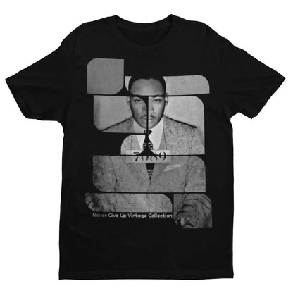 Black t-shirt with a black and white image of Martin Luther King Jr. in a lineup.