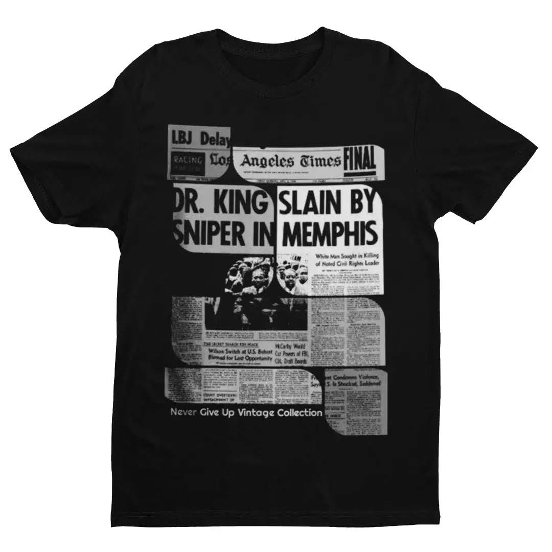 Black t-shirt with a newspaper graphic about MLK's assassination.