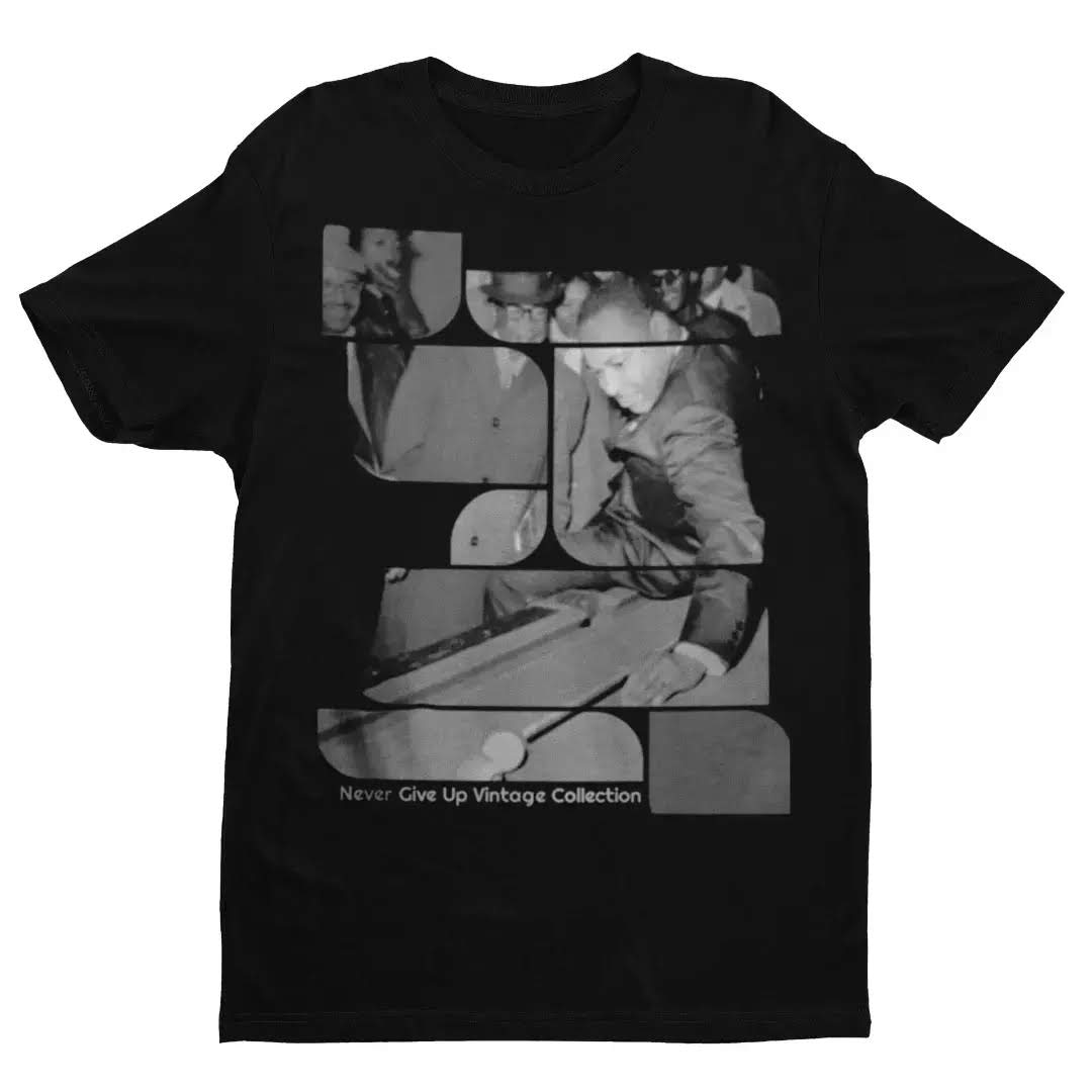 Black t-shirt with a collage of black and white images of Martin Luther King Jr.