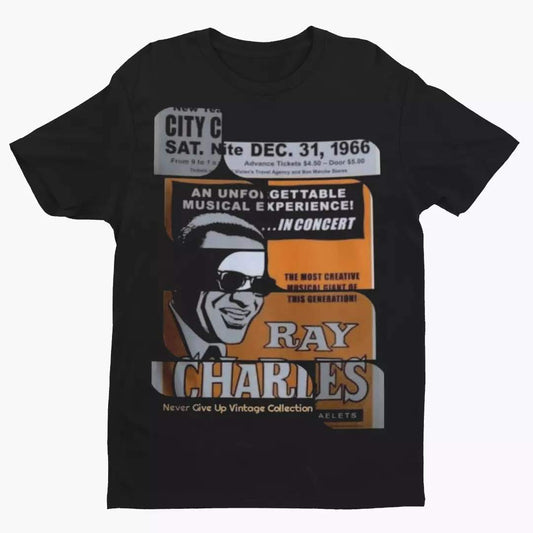 Black t-shirt with a vintage Ray Charles concert graphic.