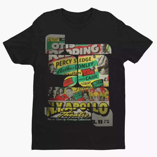 Black t-shirt with a graphic of Otis Redding and other performers at the Apollo Theatre.
