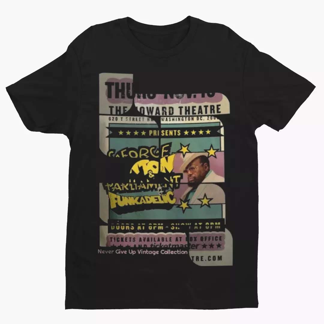 Black t-shirt with a vintage concert poster graphic for George Clinton and Funkadelic.