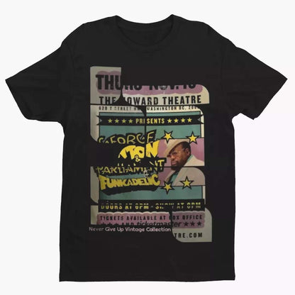 Black t-shirt with a vintage concert poster graphic for George Clinton and Funkadelic.