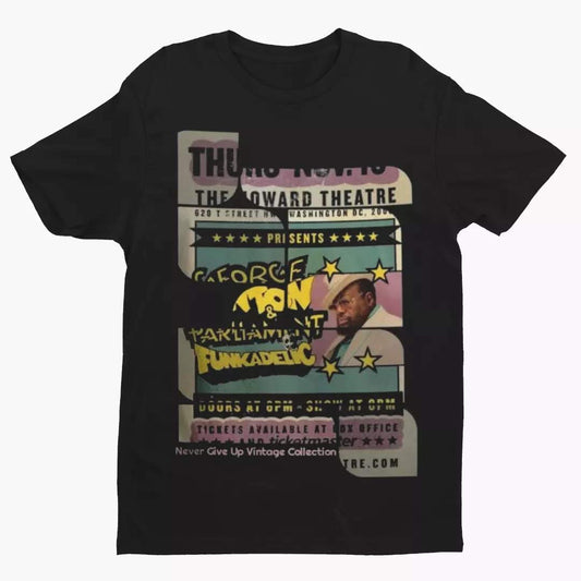 Black t-shirt with a vintage concert poster graphic for George Clinton and Funkadelic.