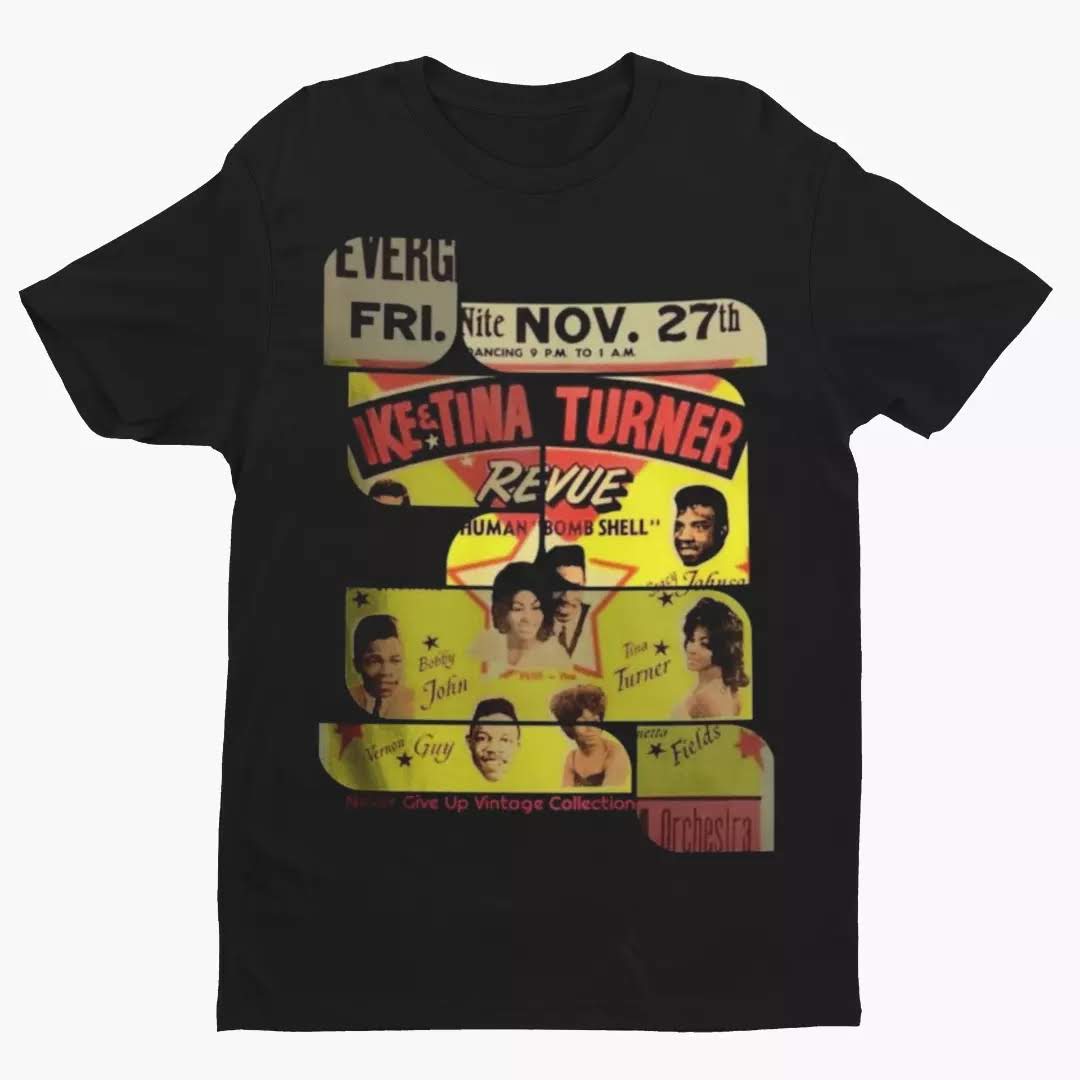 Black t-shirt with Ike & Tina Turner Revue concert graphic.