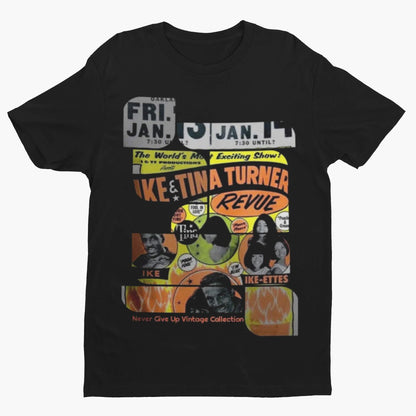 Black t-shirt with a vintage Ike & Tina Turner concert graphic.