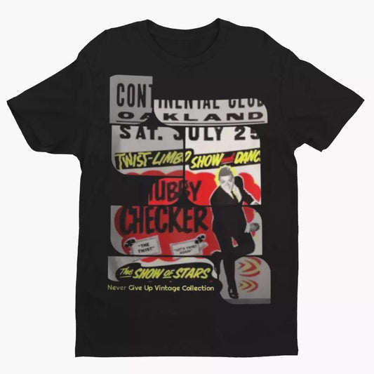 Black t-shirt with a vintage Chubby Checker concert graphic.