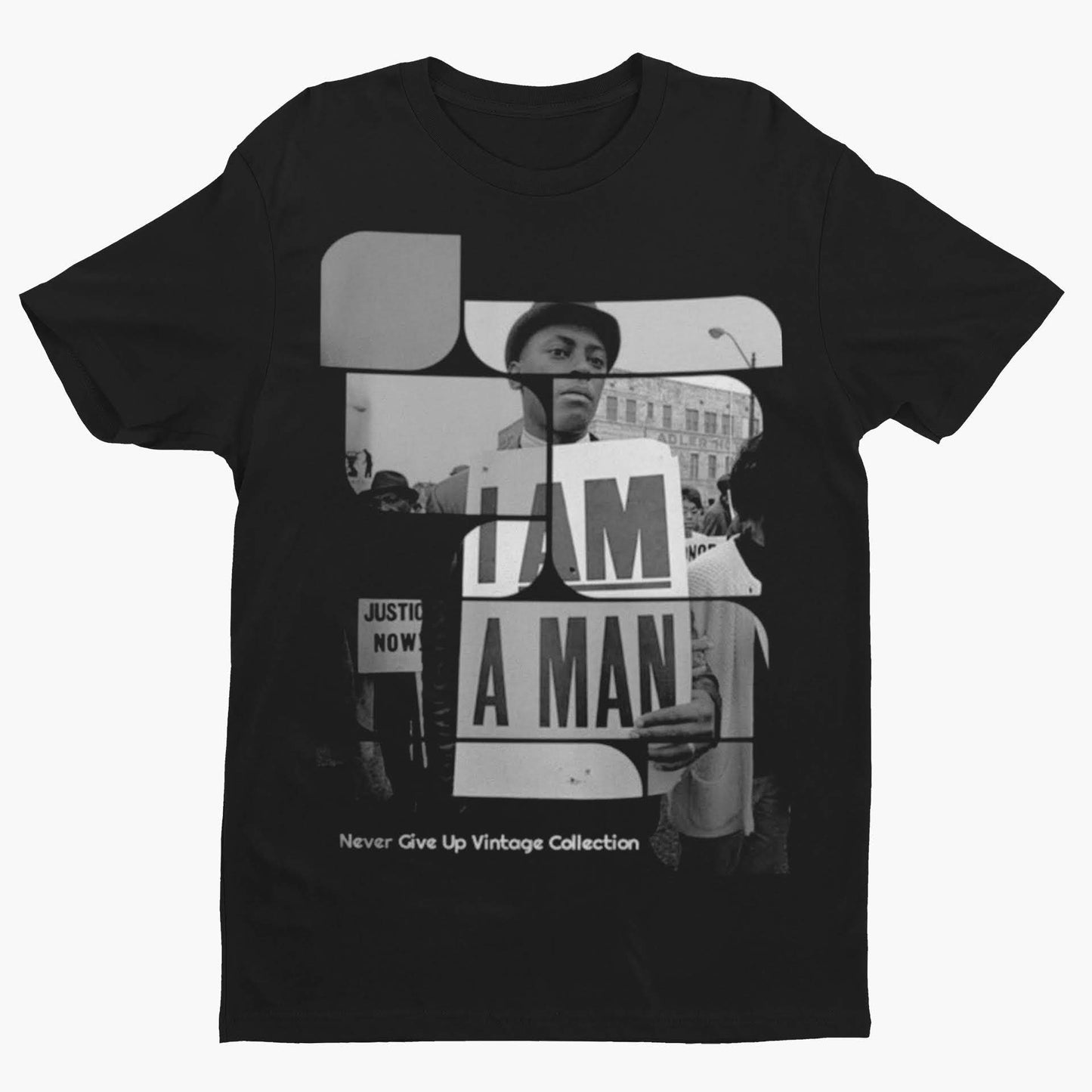 Black t-shirt with a graphic of a man holding an "I Am A Man" sign.