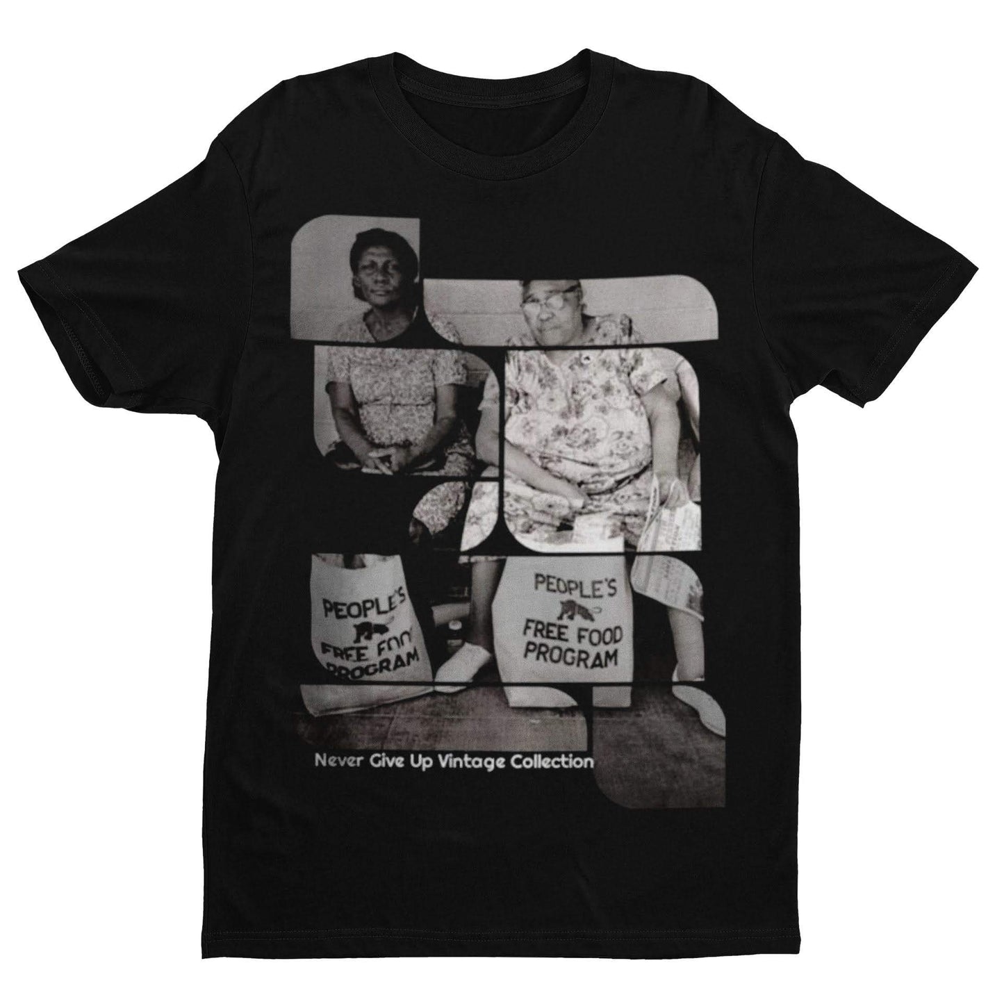 Black t-shirt with a vintage photo of two women and "People's Free Food Program" bags.