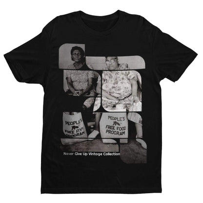 Black t-shirt with a vintage photo of two women and "People's Free Food Program" bags.