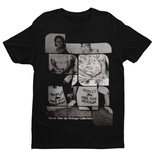 Black t-shirt with a vintage photo of two women and "People's Free Food Program" bags.
