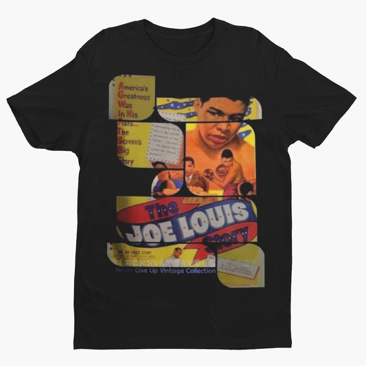 Black t-shirt with a collage of images and text related to "The Joe Louis Story".