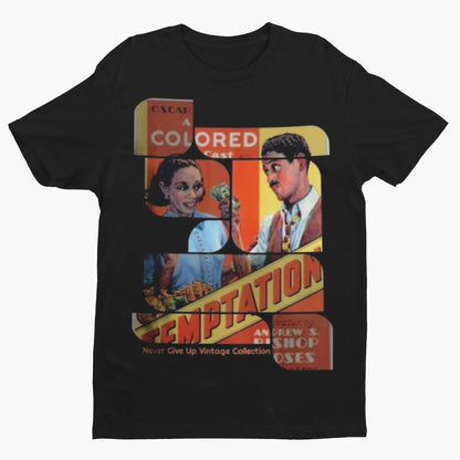 Black t-shirt with a vintage movie poster graphic for "Temptation".