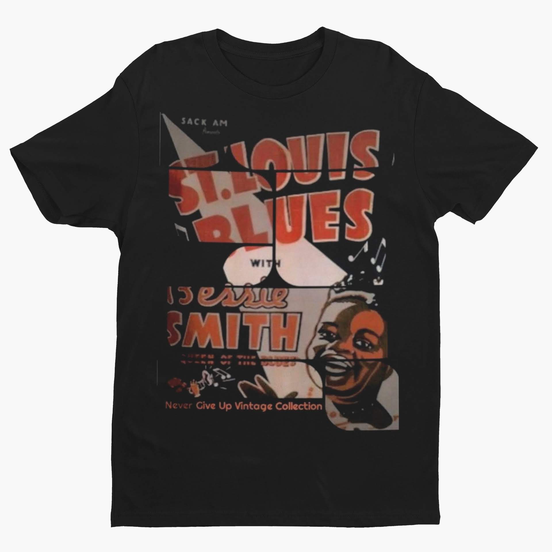Black t-shirt with a vintage St. Louis Blues graphic featuring Bessie Smith.