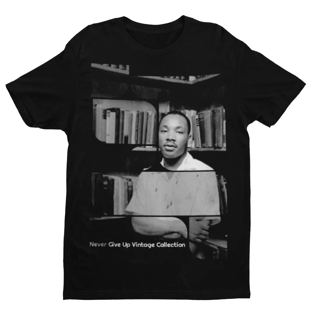 Black t-shirt with a black and white image of Martin Luther King Jr. in a library.