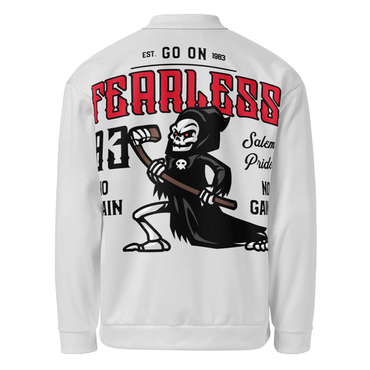 Unisex bomber jacket with a grim reaper graphic and text.