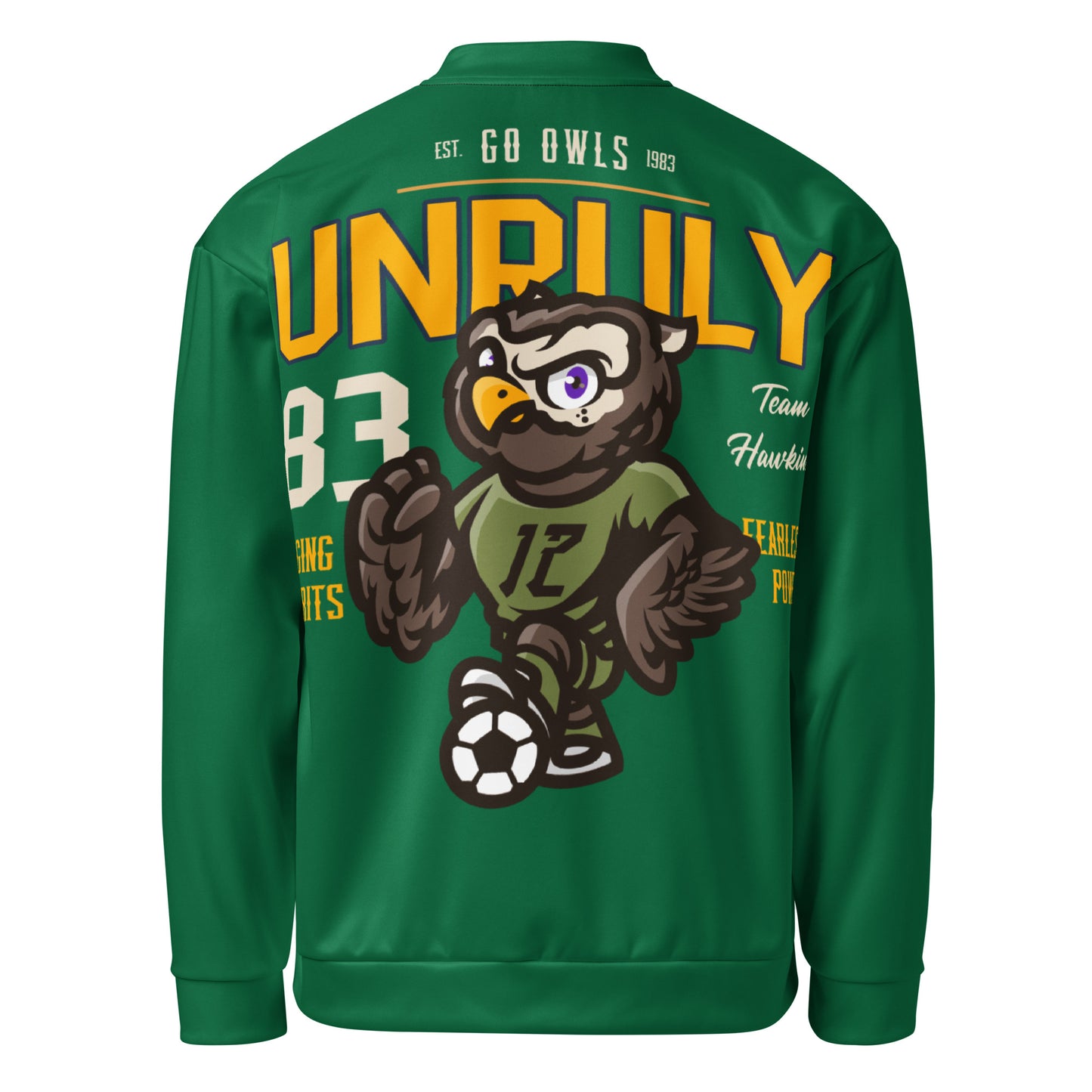 Green unisex bomber jacket with an owl graphic and text.