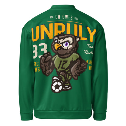 Green unisex bomber jacket with an owl graphic and text.