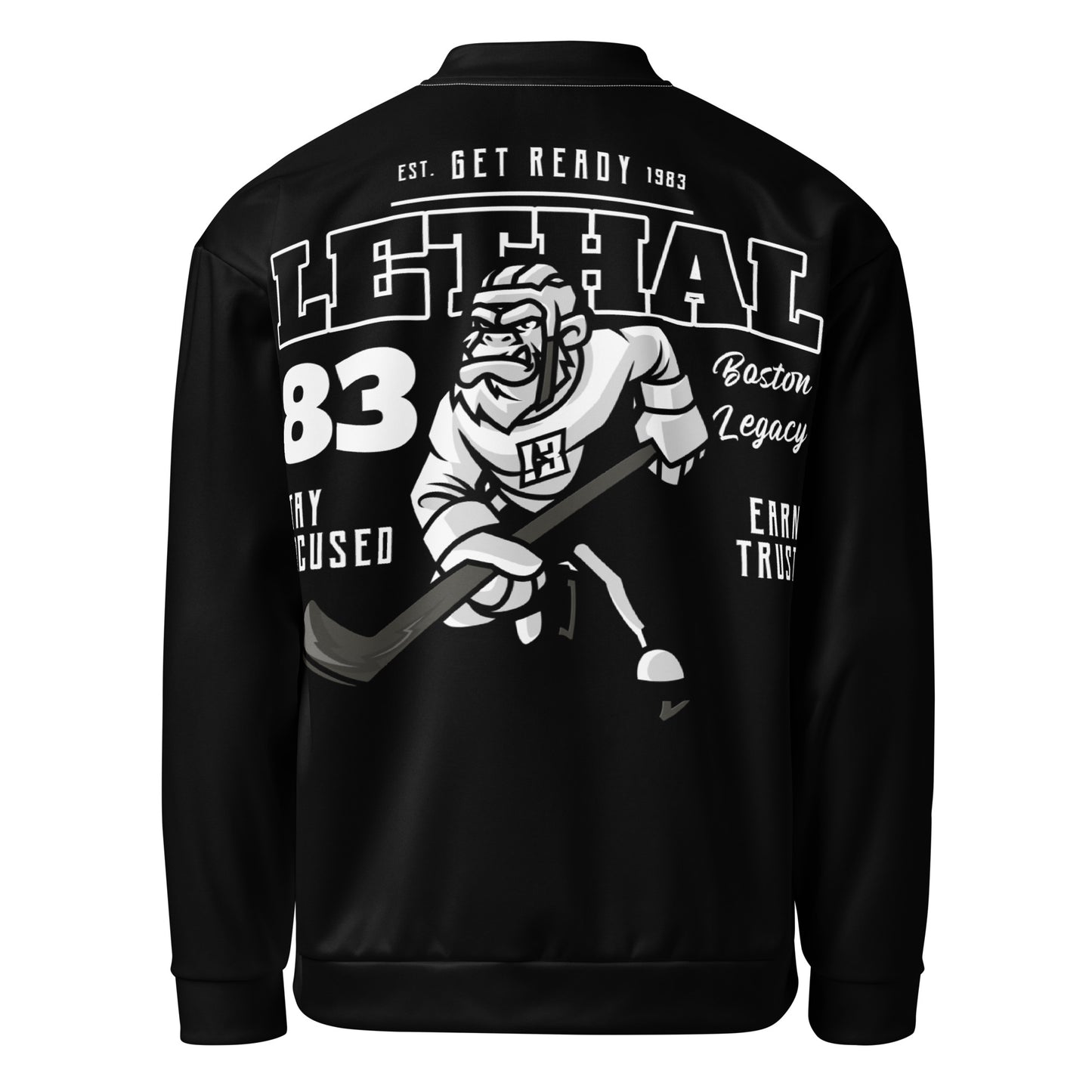 Black unisex bomber jacket with a graphic print of a gorilla playing hockey.