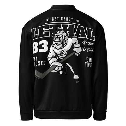 Black unisex bomber jacket with a graphic print of a gorilla playing hockey.