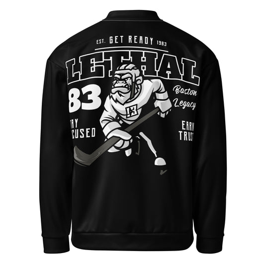 Black unisex bomber jacket with a graphic print of a gorilla playing hockey.