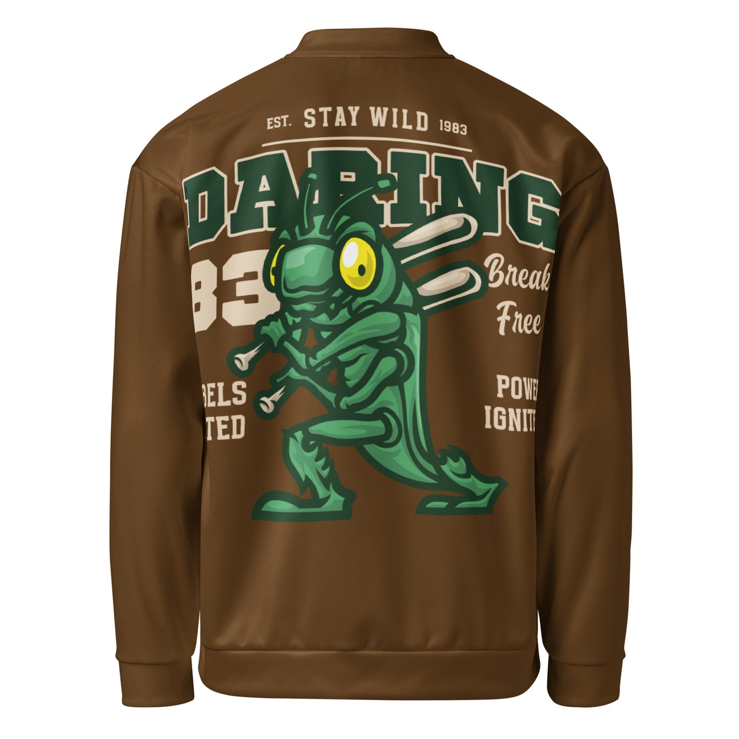 Brown unisex bomber jacket with a grasshopper graphic and text.