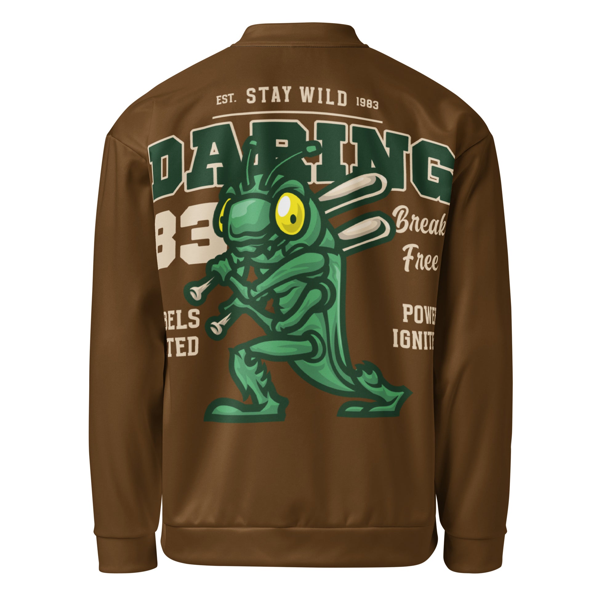 Brown unisex bomber jacket with a grasshopper graphic and text.