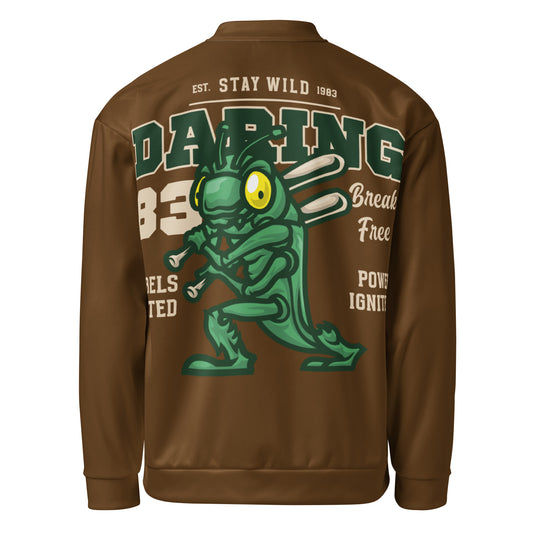 Brown unisex bomber jacket with a grasshopper graphic and text.