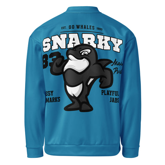 A blue unisex bomber jacket with a cartoon orca and text.