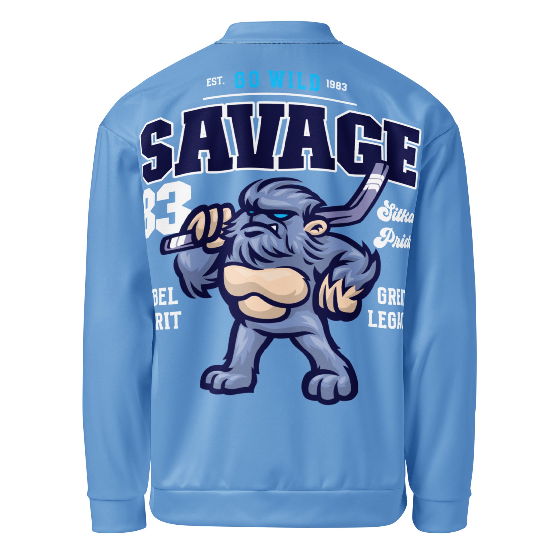 Light blue unisex bomber jacket with a cartoon yeti graphic and text.