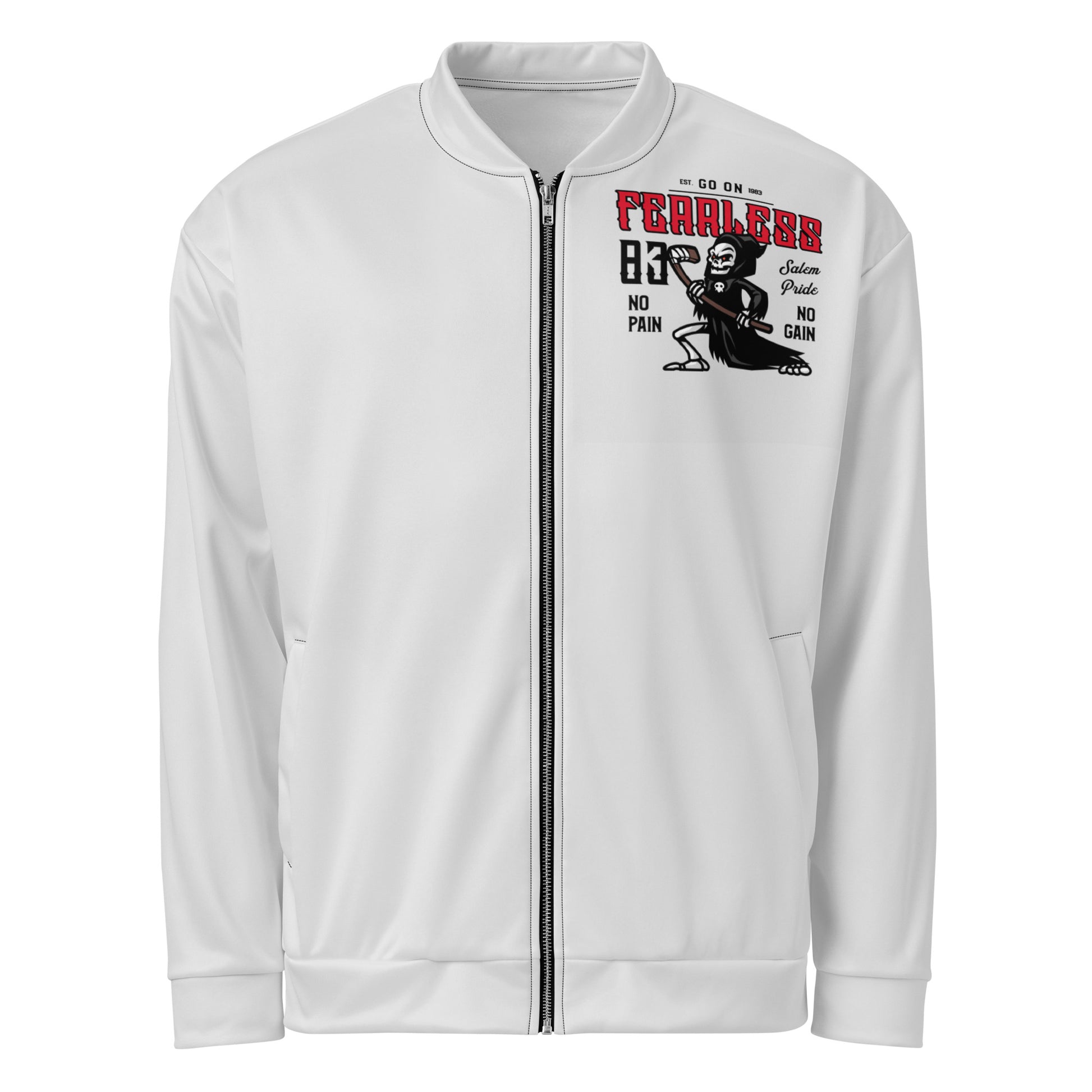 White unisex bomber jacket with a graphic print on the chest.