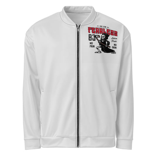 White unisex bomber jacket with a graphic print on the chest.