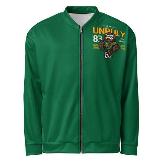 Green unisex bomber jacket with owl graphic and text.